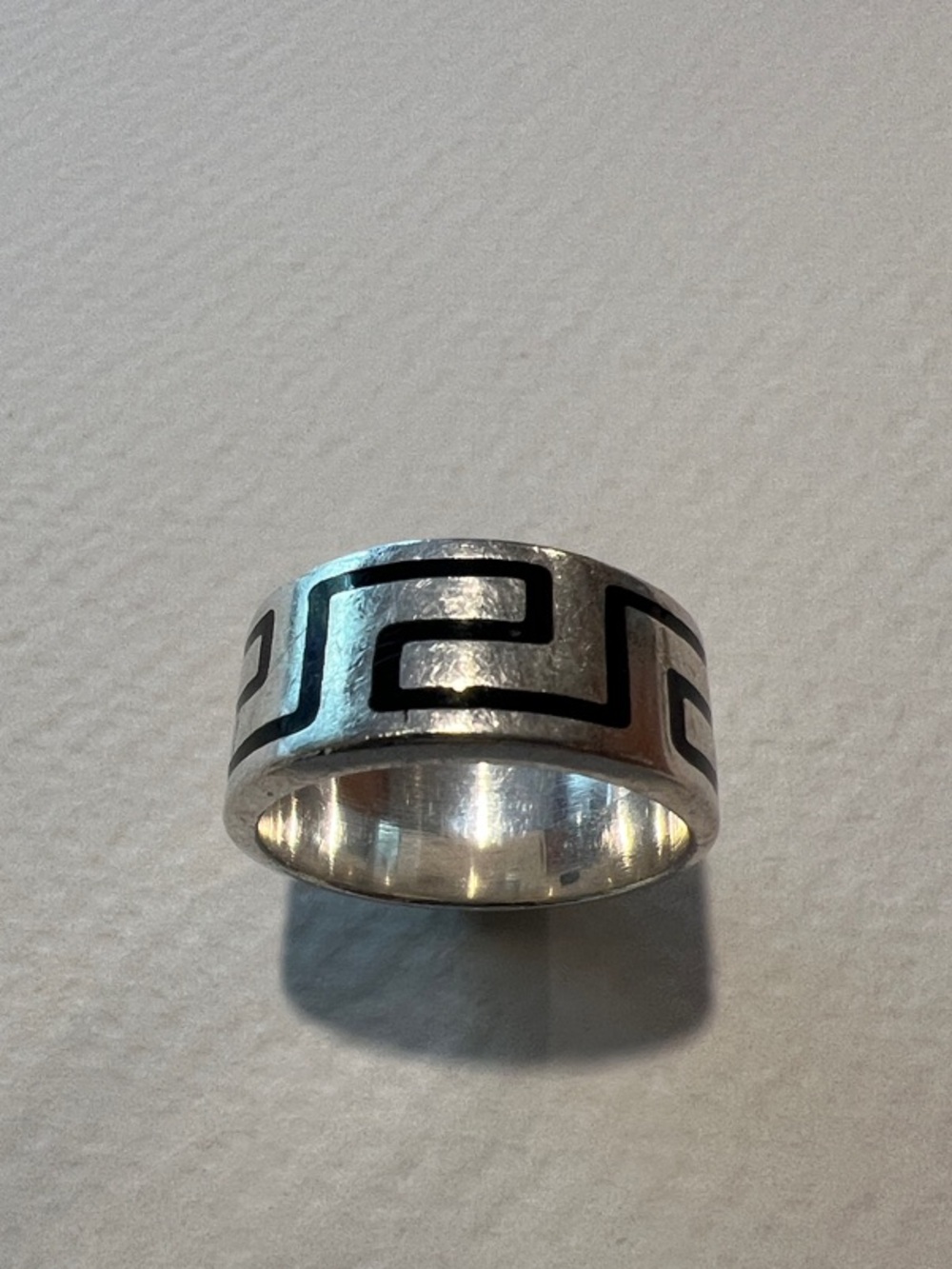 Sterling Silver Greek Key Band Ring - Black Accents